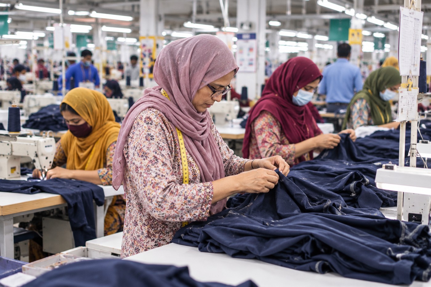 Operators quality-checking garments on a partner factory floor