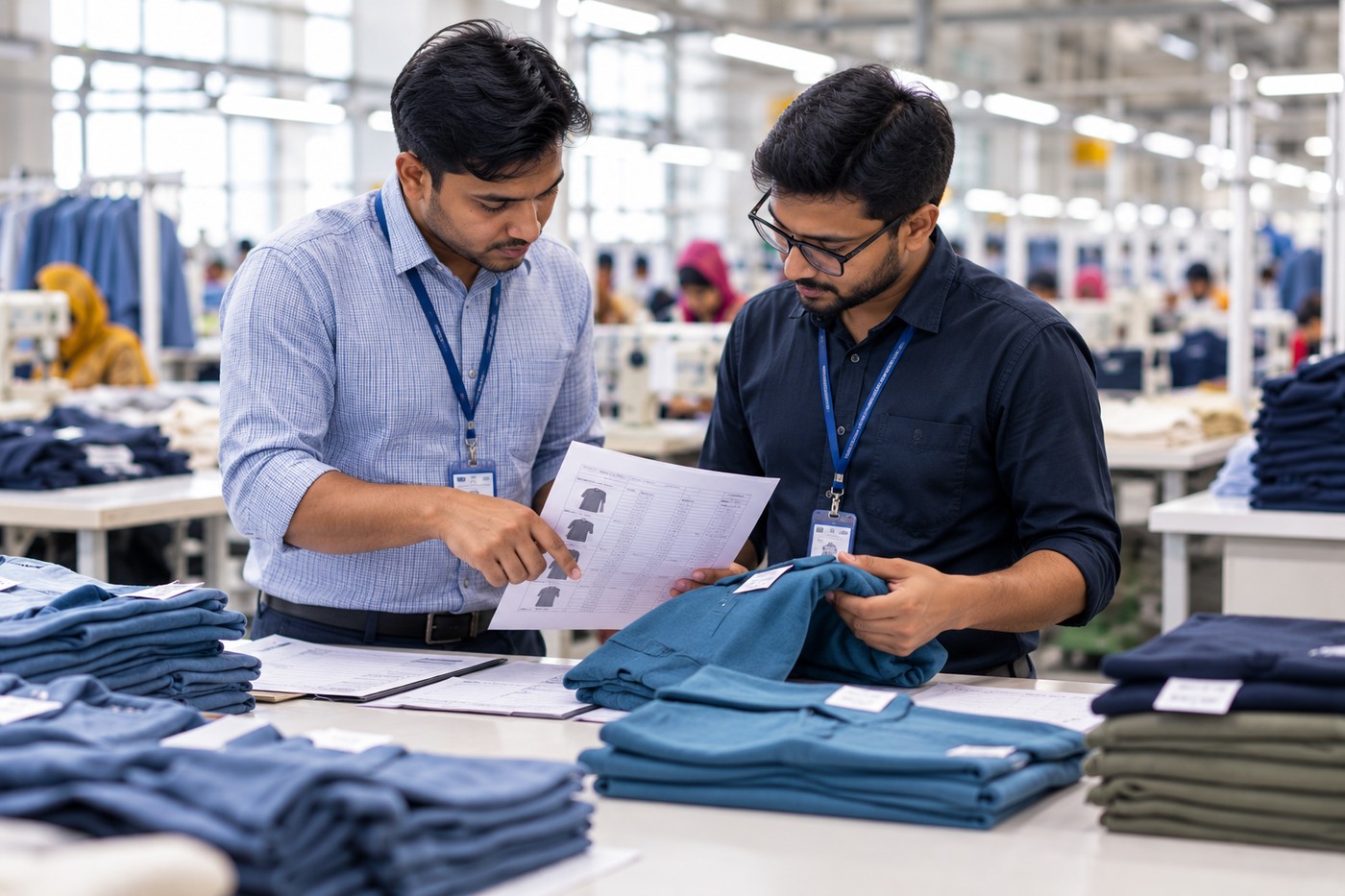 Two staff checking folded garments against a measurement chart