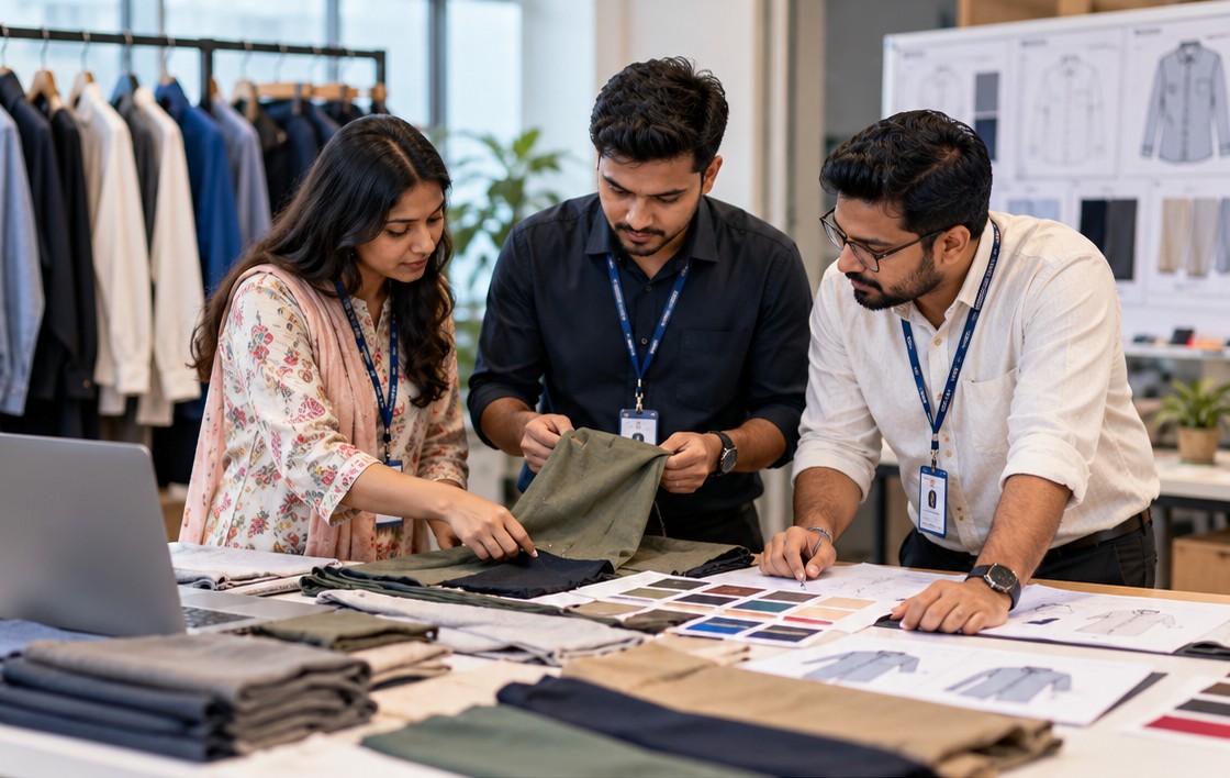 Product development team reviewing fabric swatches and a tech pack