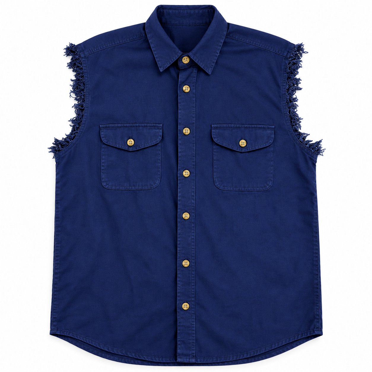 Development sample — Sleeveless Frayed-Edge Shirt — Navy