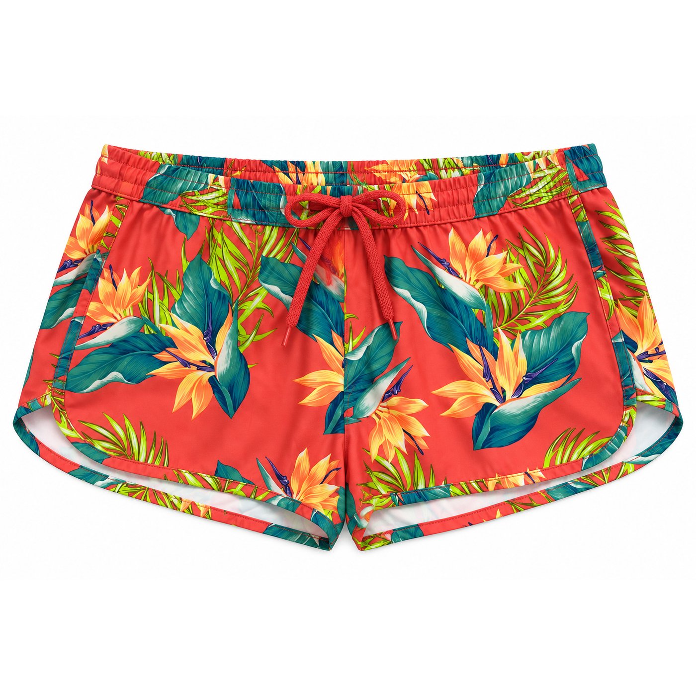 Development sample — Tropical Floral-Print Swim Shorts — Coral
